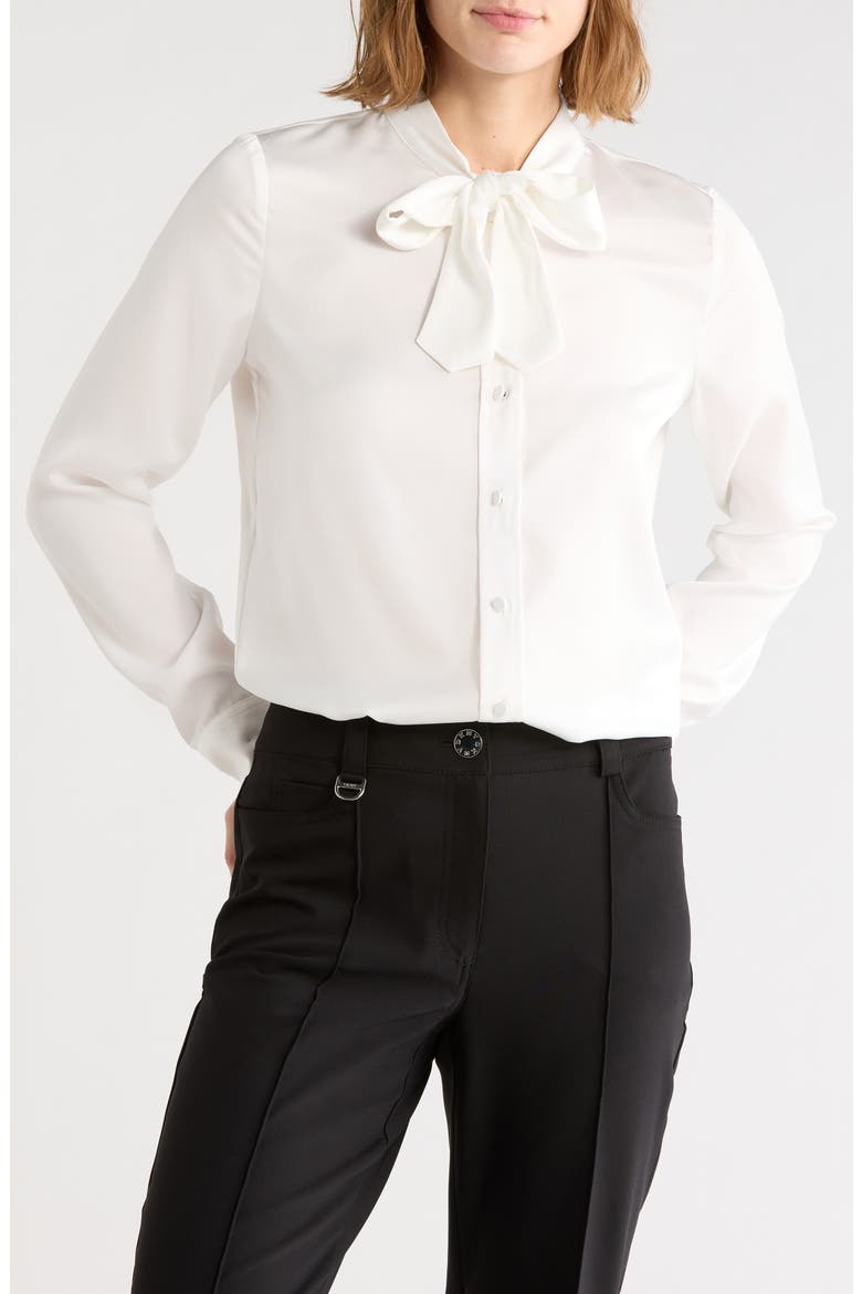 Crinkled Chiffon Long Sleeve Tie Neck Shirt, Main, color, IVORY