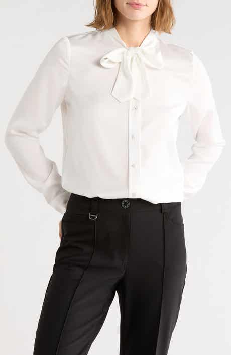 Crinkled Chiffon Long Sleeve Tie Neck Shirt