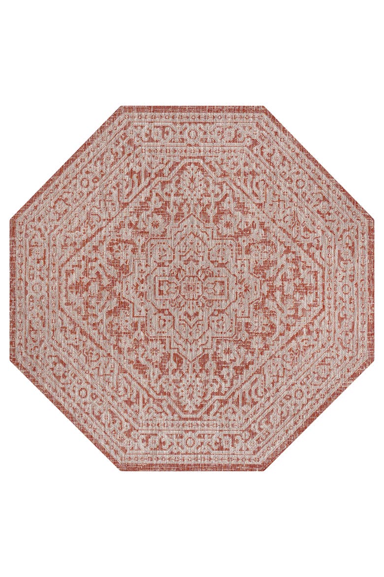 Sinjuri Medallion Textured Weave Octagon Indoor/Outdoor Area Rug, Main, color, Red/Taupe