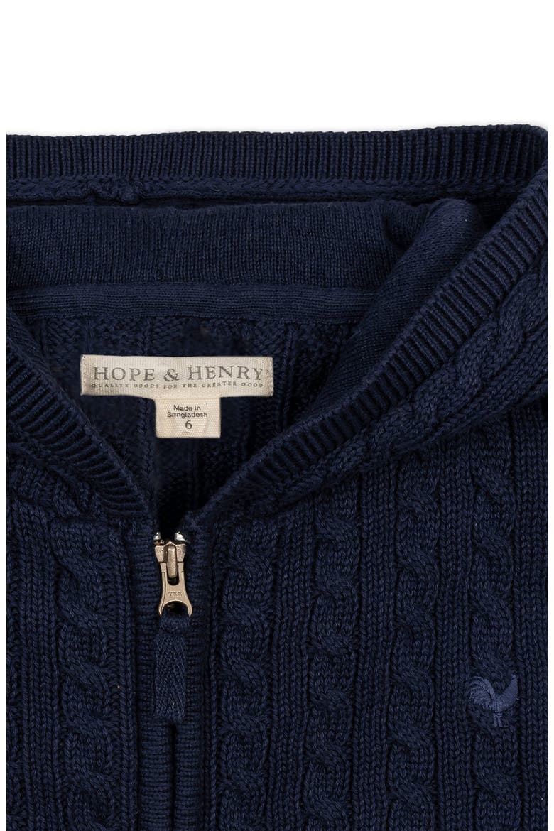 Kids' Organic Full Zip Hooded Sweater with Elbow Patches, Alternate, color, Navy Cable