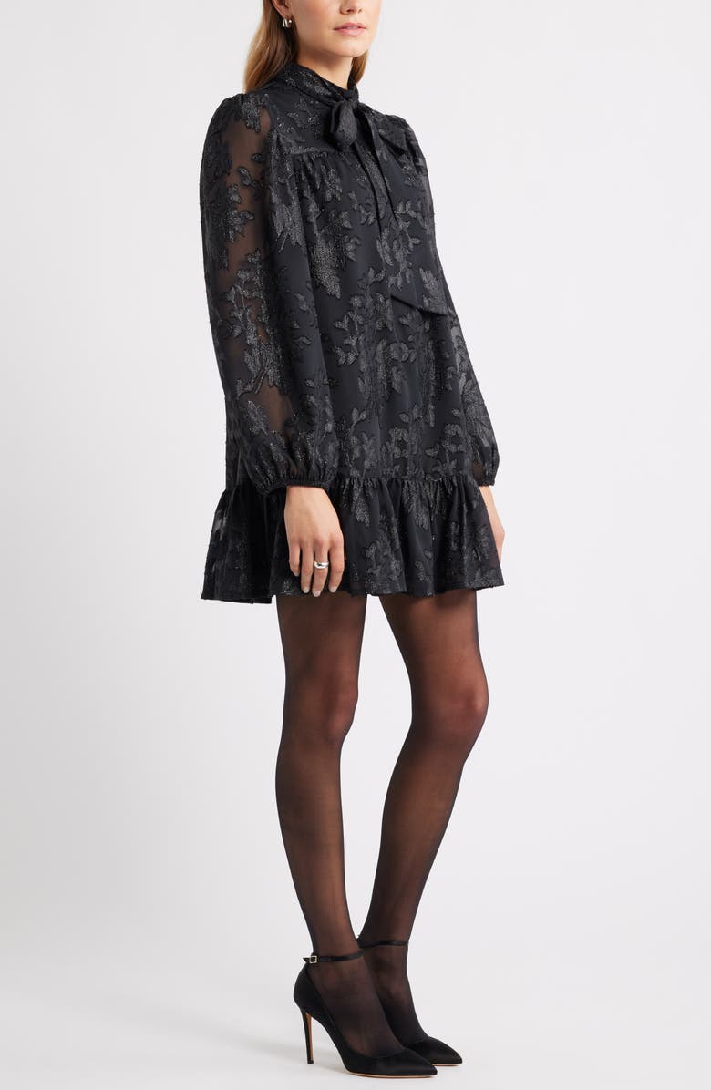 Treasure & Bond Metallic Floral Jacquard Long Sleeve Shift Minidress, Alternate, color, Black