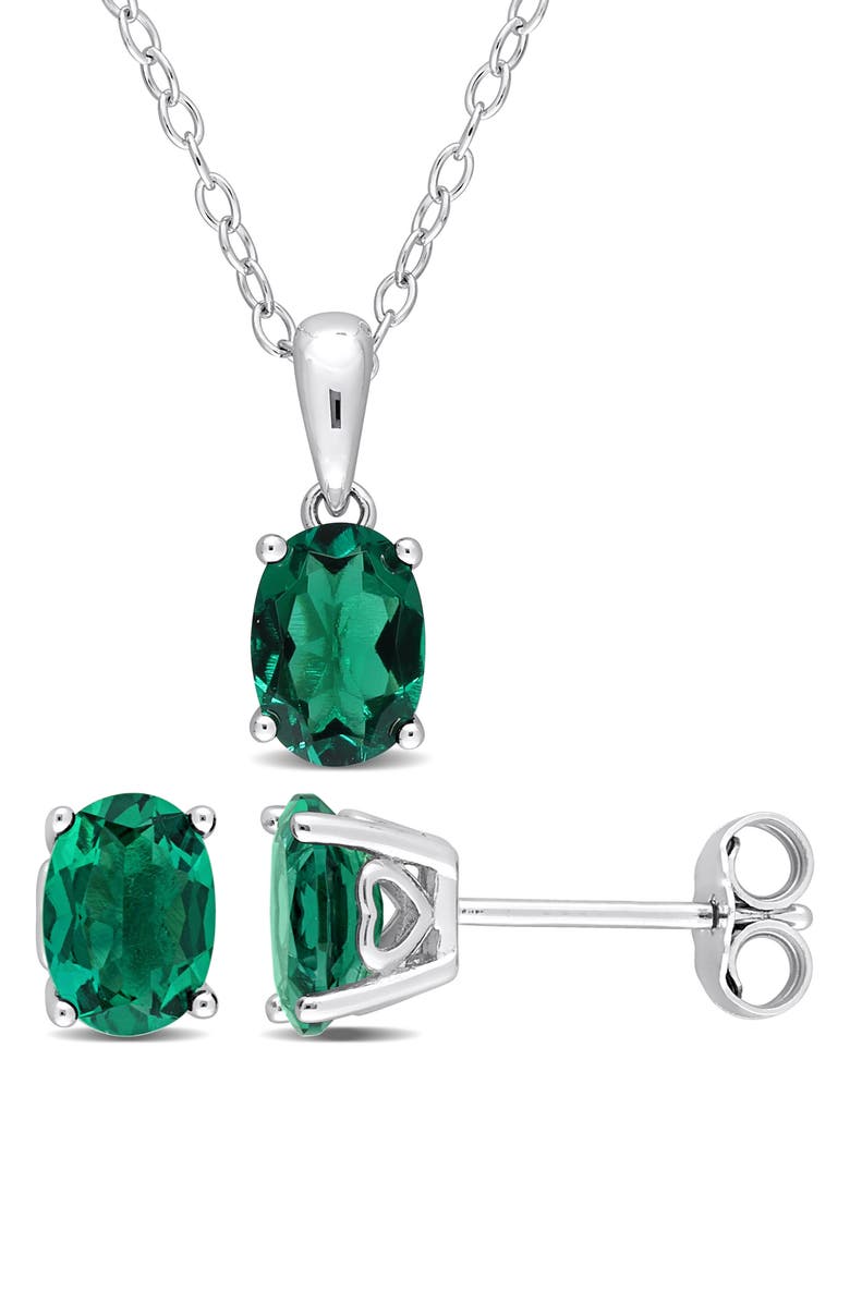 DELMAR Sterling Silver Oval Lab Created Emerald Stud Earrings & Necklace Set, Main, color, Green