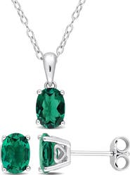 DELMAR Sterling Silver Oval Lab Created Emerald Stud Earrings & Necklace Set