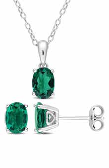 DELMAR Sterling Silver Oval Lab Created Emerald Stud Earrings & Necklace Set