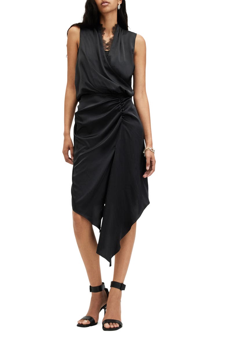 Abi Lace Trim Gathered Asymmetric Dress, Main, color, BLACK