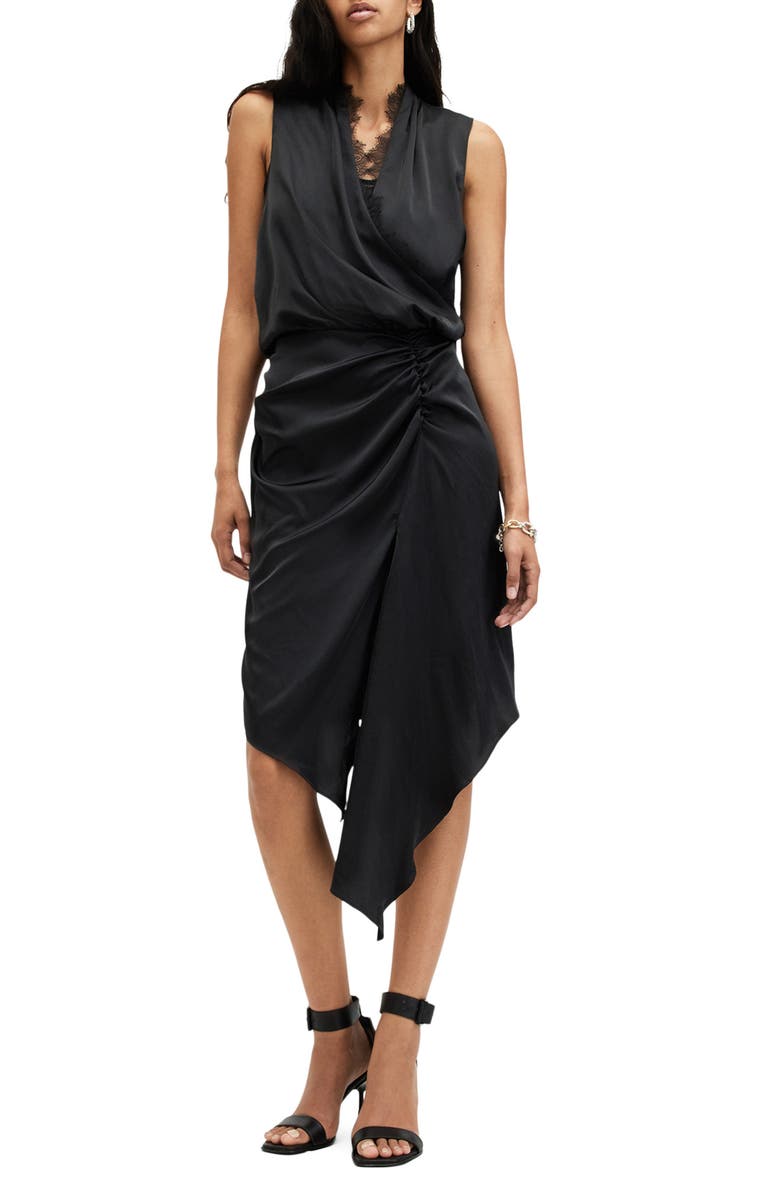 AllSaints Abi Lace Trim Gathered Asymmetric Dress, Main, color,