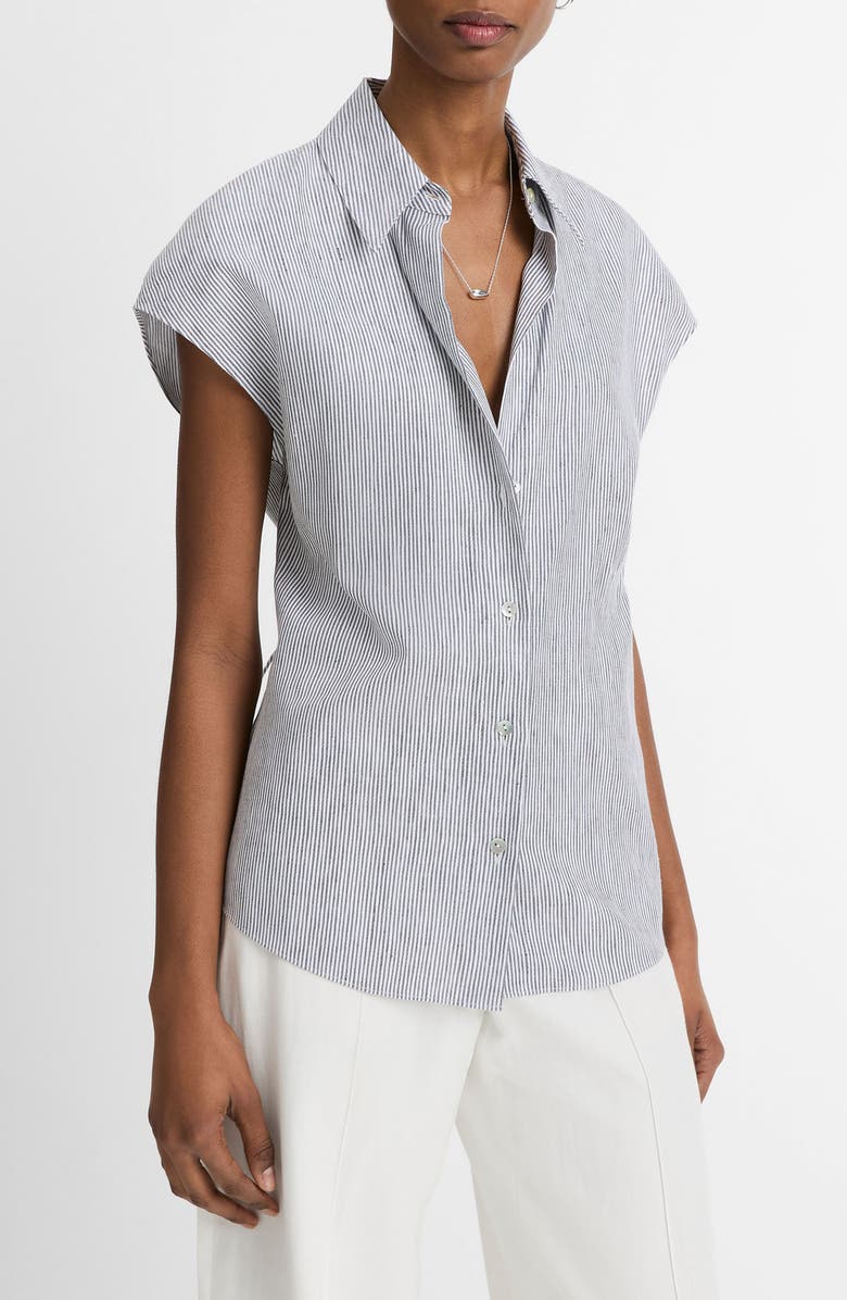 Vince Ticking Stripe Cap Sleeve Linen & Cotton Button-Up Shirt, Alternate, color, Iris Slate/ Off White