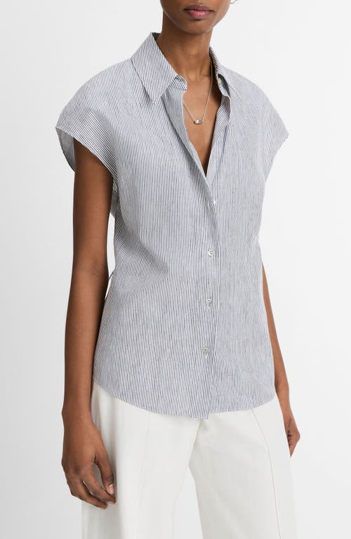 Shop Vince Ticking Stripe Cap Sleeve Linen & Cotton Button-up Shirt In Iris Slate/off White