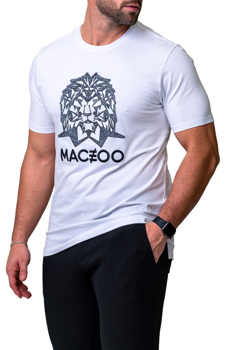 Maceoo Mightymane White Embroidered Logo Stretch Cotton Graphic T-Shirt, Alternate, color, White