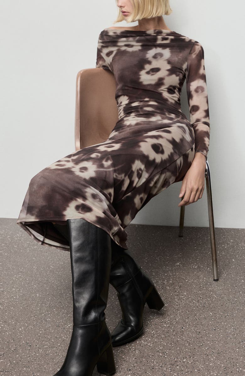 MANGO Amaia One-Shoulder Long Sleeve Body-Con Midi Dress, Alternate, color, Brown