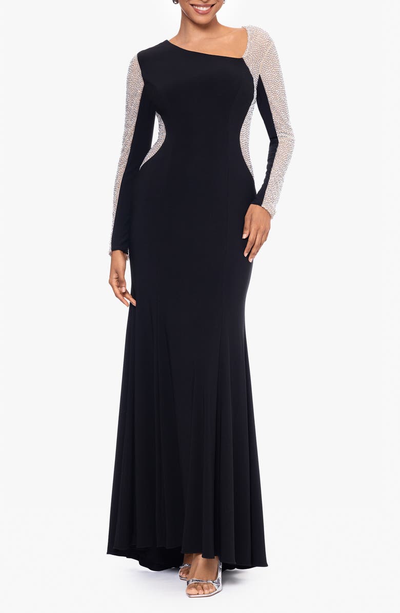 Xscape Evenings Rhinestone Embellished Asymmetric Neck Long Sleeve Gown, Main, color, 