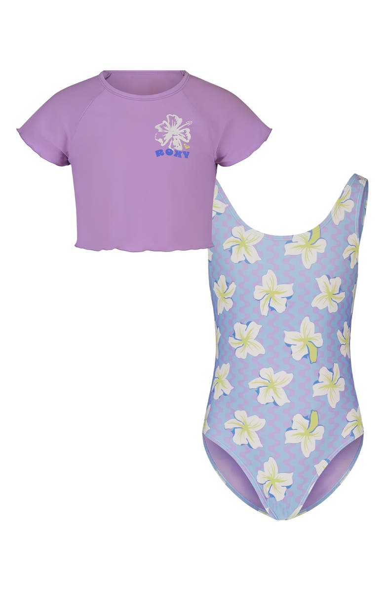 Roxy Kids' Party Waves UPF 50+ Cover-Up Shirt & One-Piece Swimsuit Set, Main, color, Crocus Petal