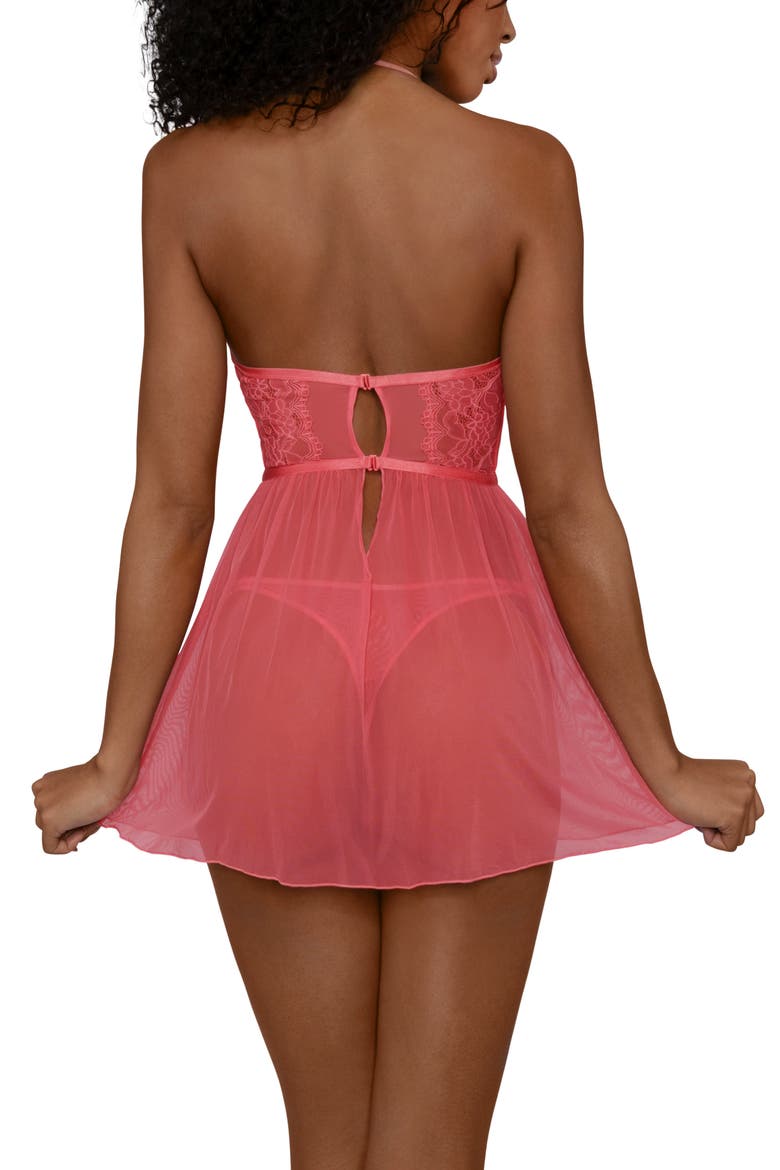 Lace & Mesh Underwire Babydoll Chemise & Thong, Alternate, color, GRAPEFRUIT