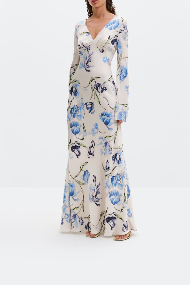 Carolina Flared Sleeve Satin Maxi Dress, Alternate, color, Tulip Blue