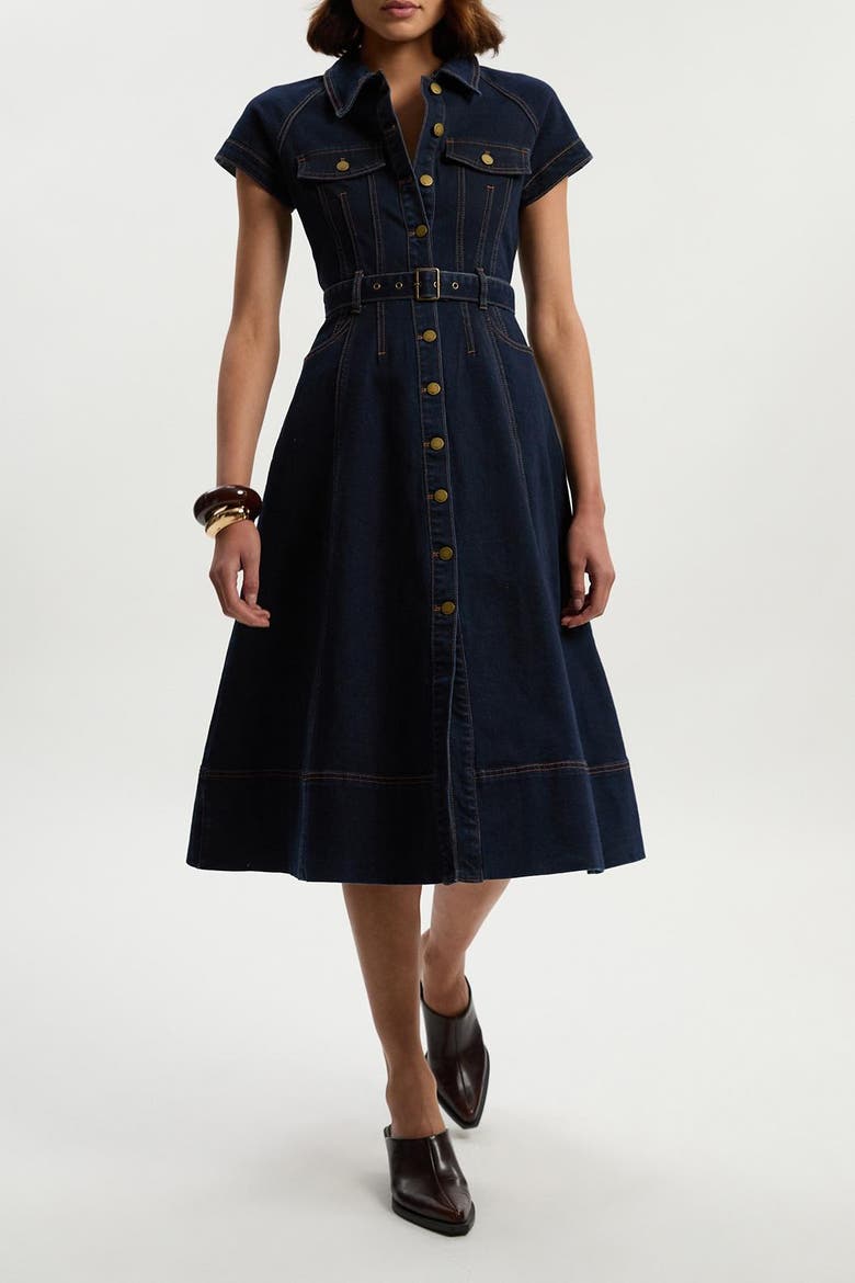 Petite Denim Corset Midi Dress, Alternate, color, Dark Blue