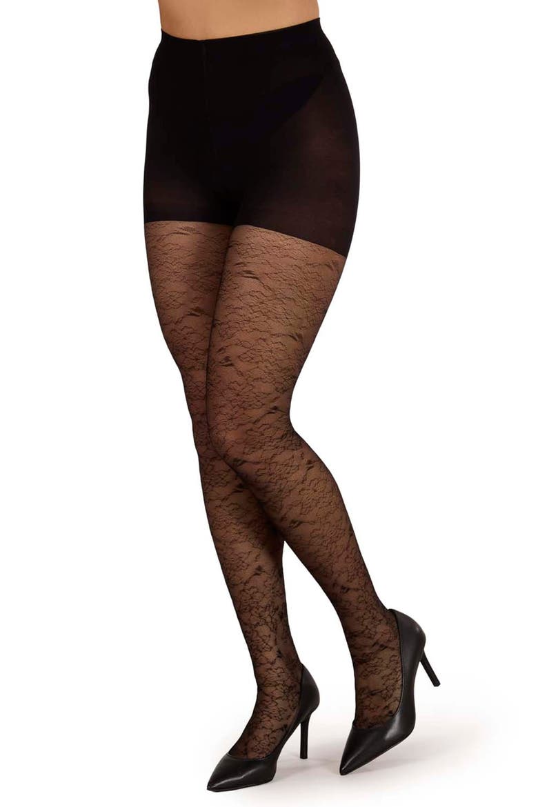 Sketch Floral Sheer Tights, Alternate, color, BLACK