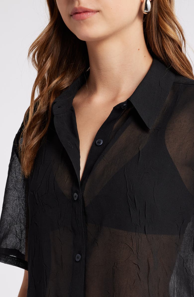 Open Edit Sheer Crop Button-Up Shirt, Alternate, color, Black