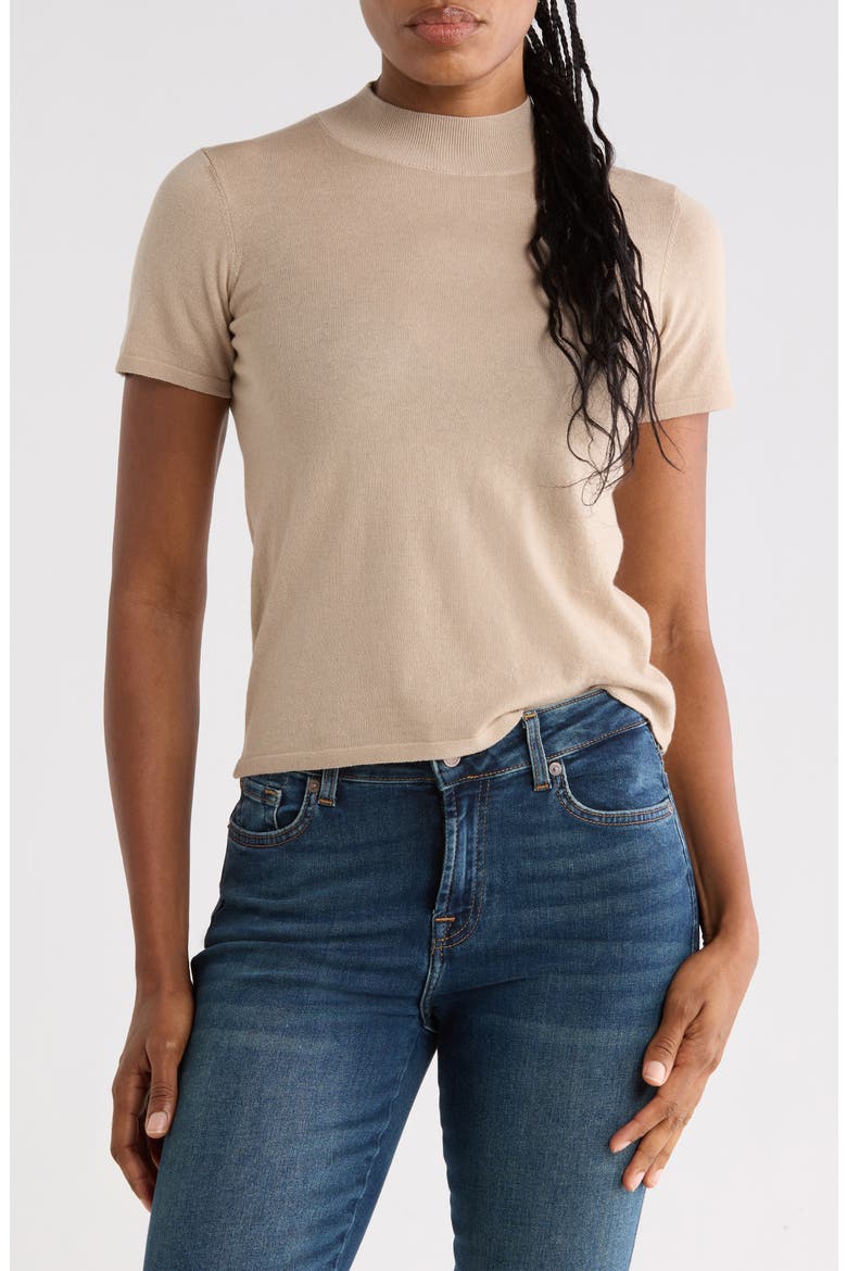 Mock Neck Short Sleeve Cotton & Wool Top, Main, color, WOOL BLEND OATM