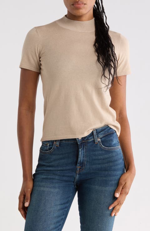 Mock Neck Short Sleeve Cotton & Wool Top