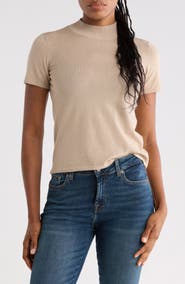7 For All Mankind Mock Neck Short Sleeve Cotton & Wool Top