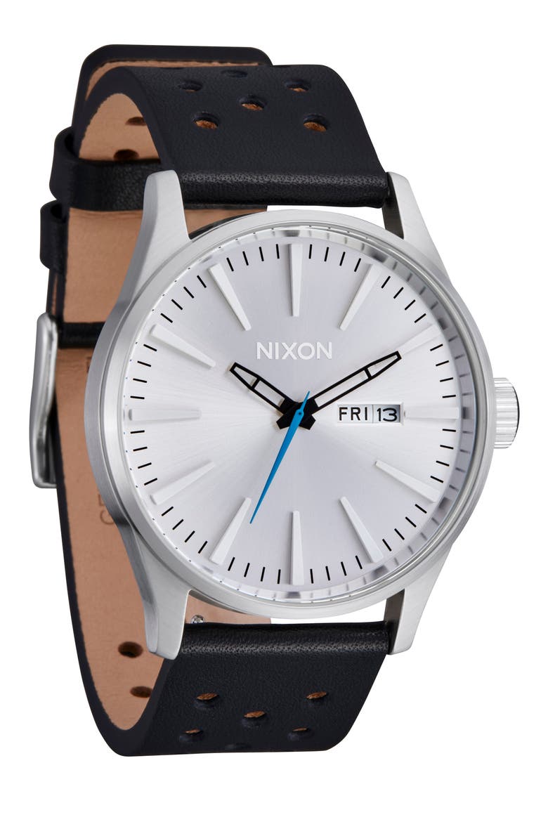 The Sentry Leather Strap Watch, 42mm, Main, color, CHROME / SILVER SUNRAY / BLACK