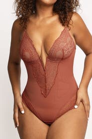 Popilush Plus Size Shapewear Lace Deep V-Neck Sculpting Thong Bodysuit