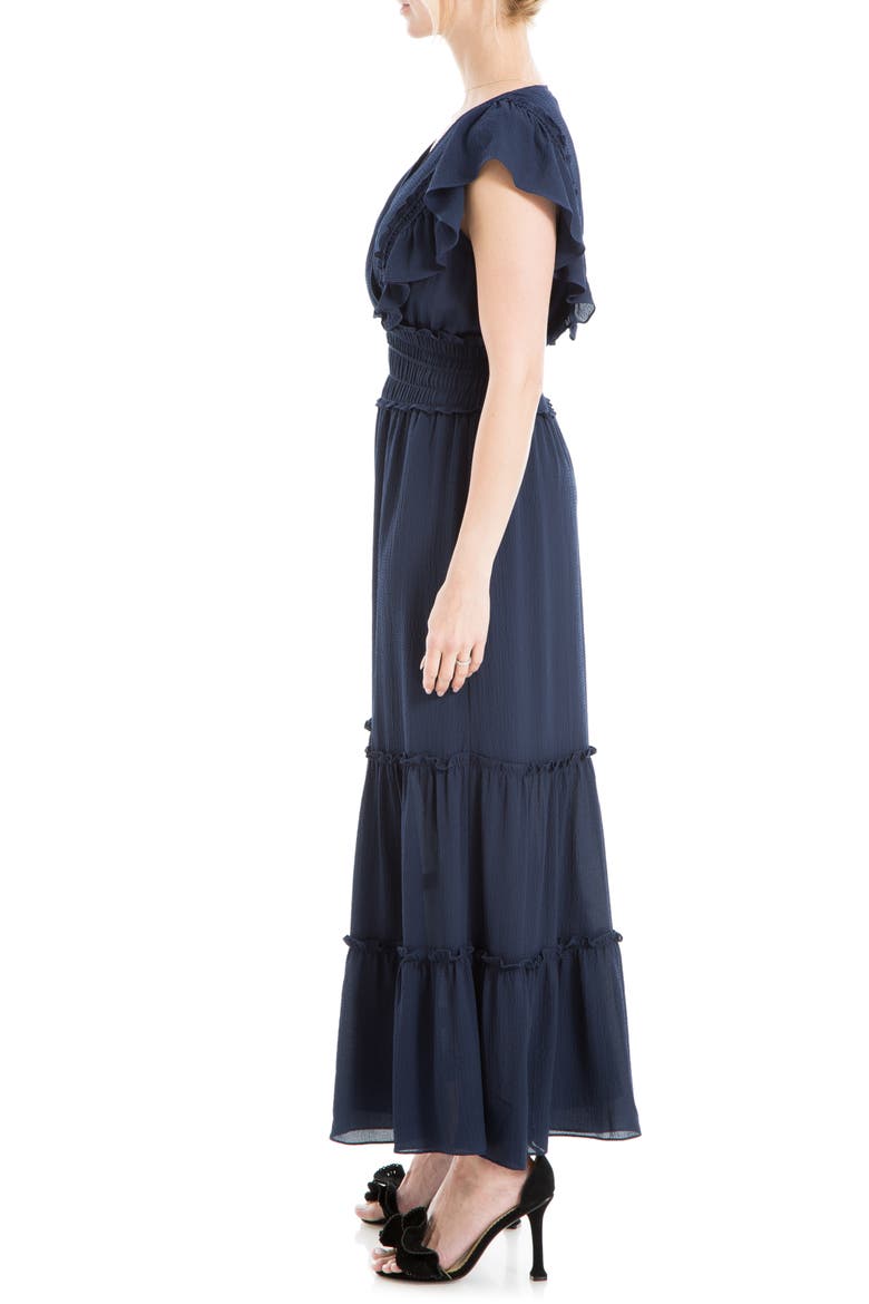 Pebble Crepe Flutter Sleeve Maxi Dress, Alternate, color, NAVY