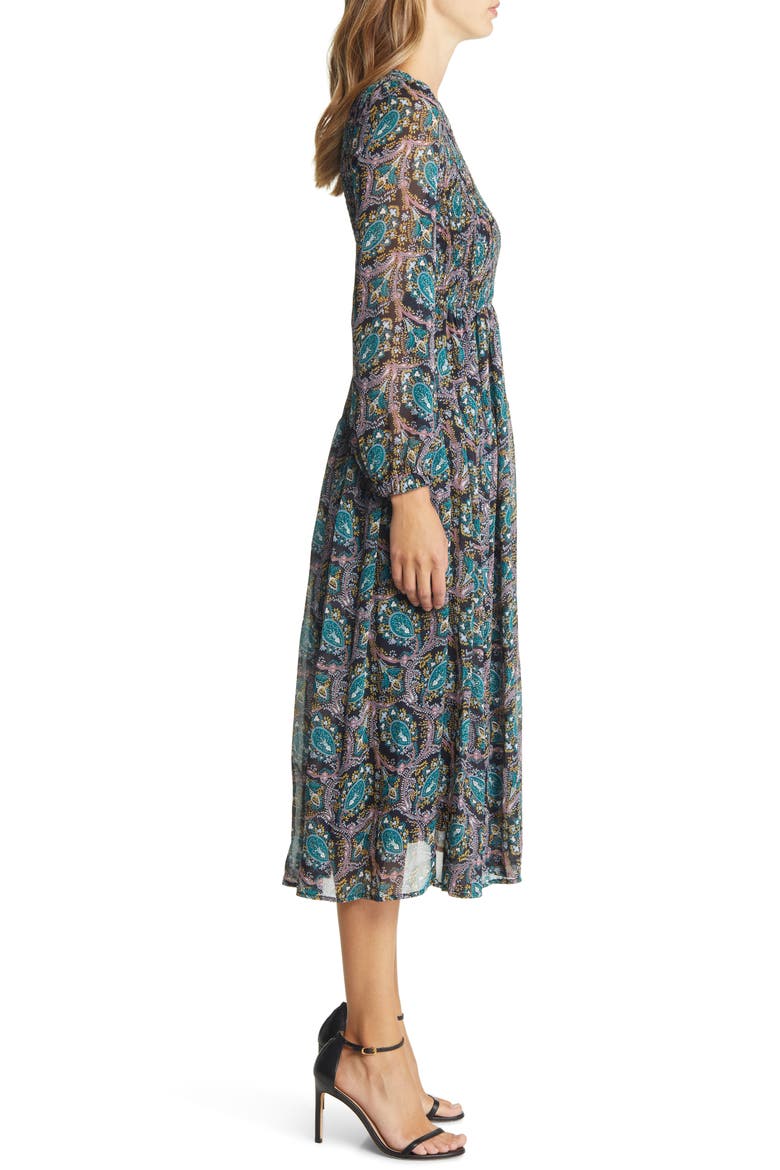 Paisley Smocked Long Sleeve Midi Dress, Alternate, color, BLACK/ TEAL PRINT