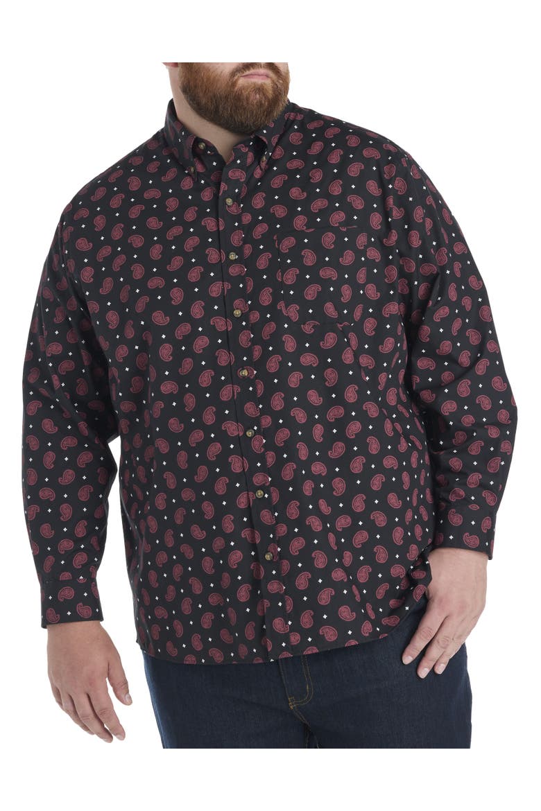 Big & Tall Easy-Care Paisley Print Sport Shirt, Alternate, color, BLACK