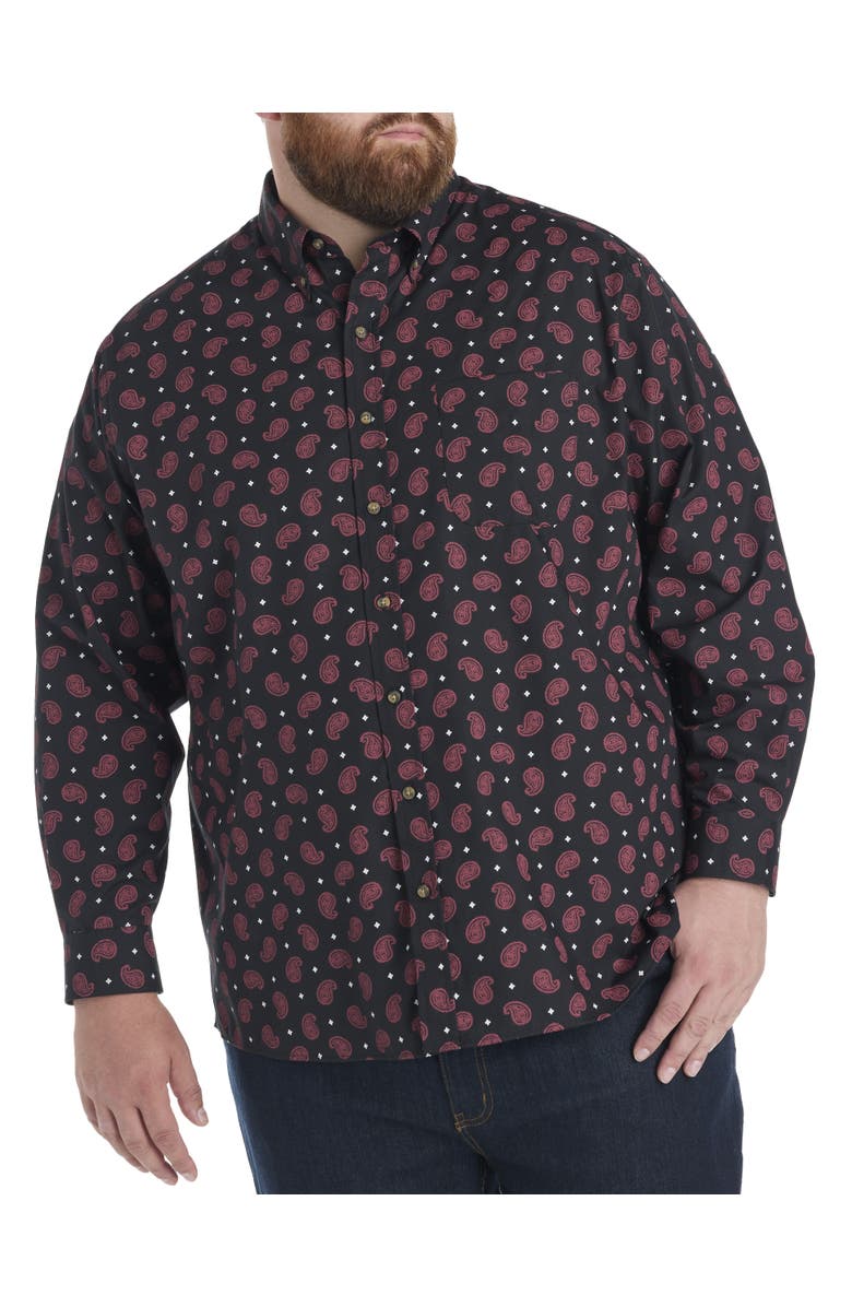 Harbor Bay by DXL Big & Tall Easy-Care Paisley Print Sport Shirt, Alternate, color, Black