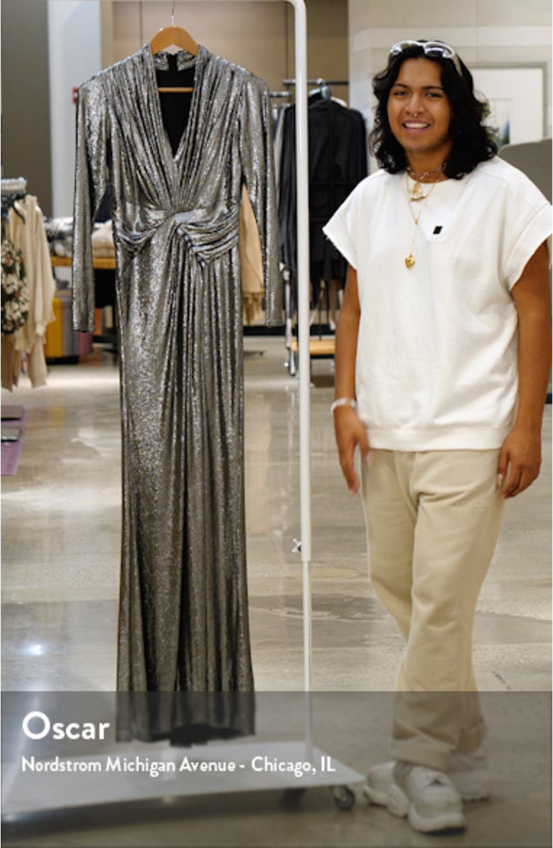 Draped Shimmer Long Sleeve Gown, sales video thumbnail