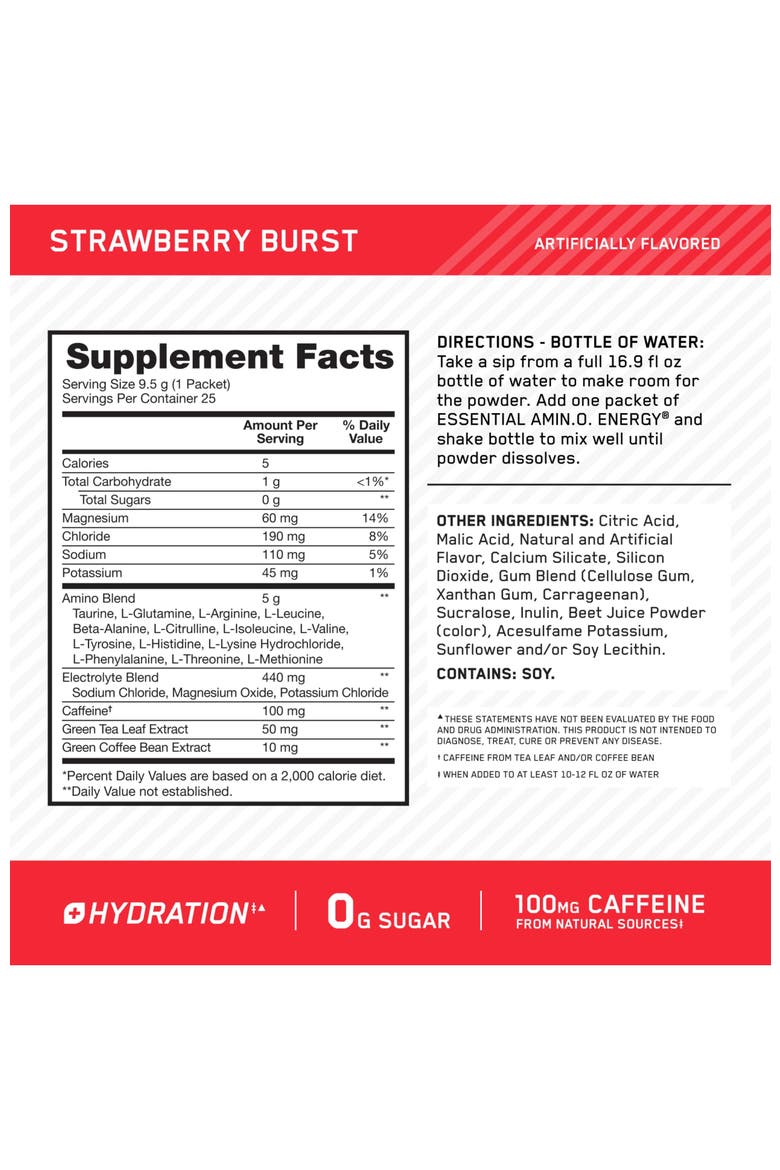 Amino Energy Plus Hydration Powder Stick Packs for Energy and Hydration Support, Strawberry Burst Flavor, 25 Count, Alternate, color, None