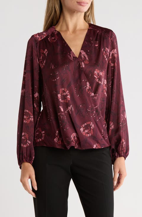Long Sleeve Faux Wrap Blouse