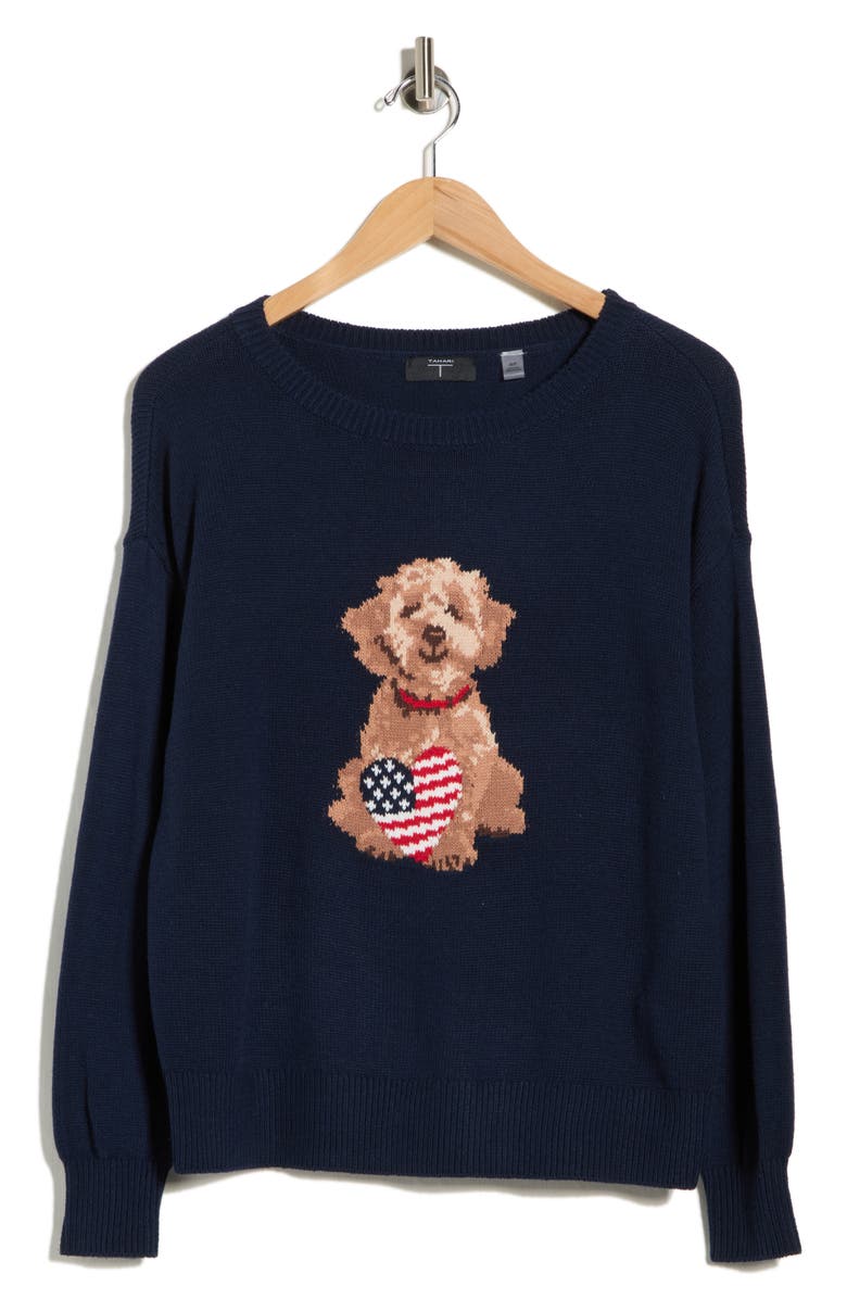 T Tahari Americana Dog Intarsia Sweater, Main, color, Navy/ Intarsia Dog