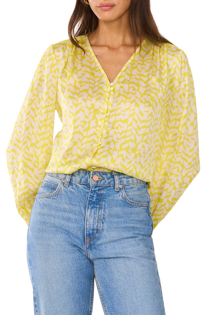 Vince Camuto Abstract Print Shirred Button-Up Shirt, Main, color,