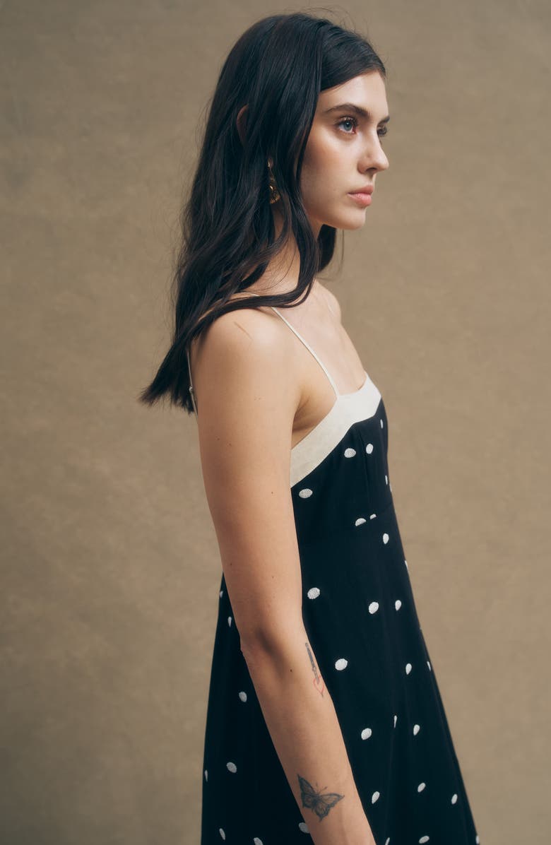 MAUDE CLUB Jacky Polka Dot A-Line Dress, Alternate, color, Black Sand