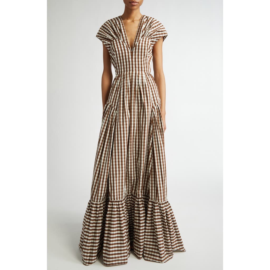 Lela Rose Gingham Check Gathered Shoulder Gown In Walnut