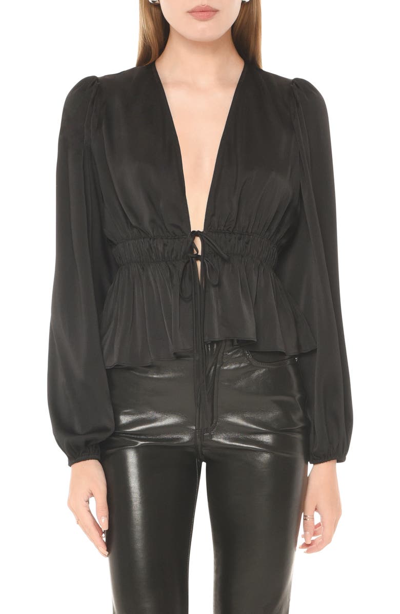 WAYF Kara Tie Front Long Sleeve Peplum Top, Main, color, 