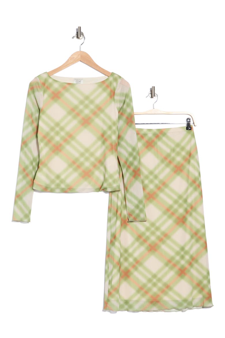 Fitted Mesh Top & Maxi Skirt Set, Alternate, color, EXPLODED LIME PLAID