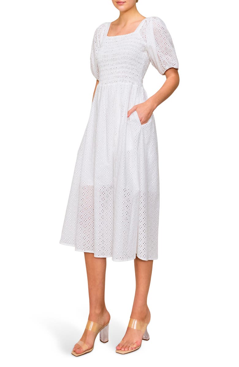 MELLODAY Embroidered Eyelet Puff Sleeve Smocked Midi Dress, Alternate, color, White