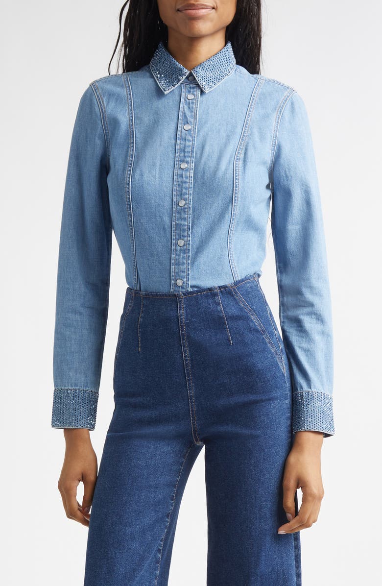 Veronica Beard Eddie Rhinestone Trim Denim Top, Main, color, Riviera Breeze
