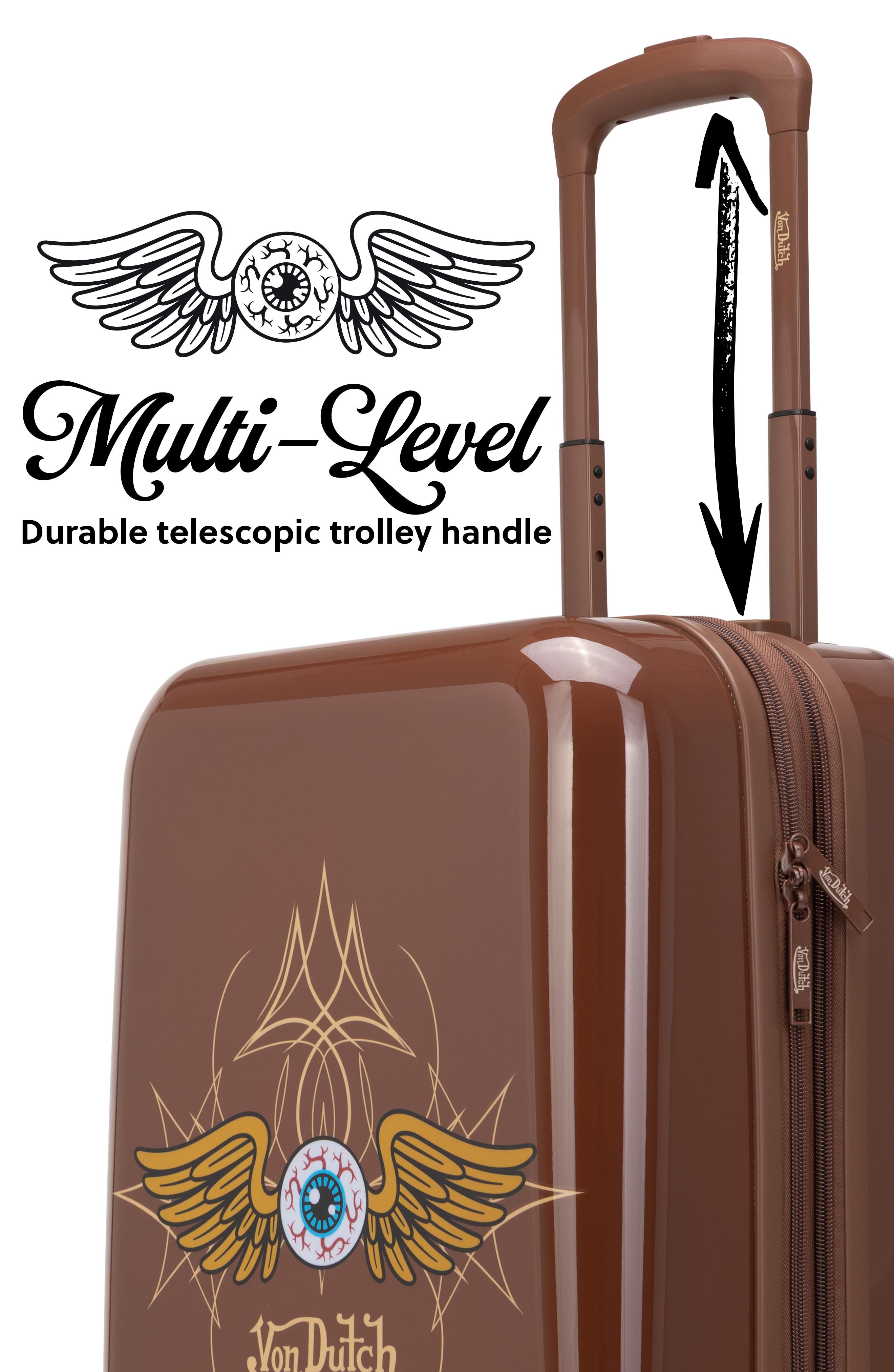 Von Dutch Eyeflight Expandable Hardside Spinner Carry-on Suitcase, Alternate, color, Brown
