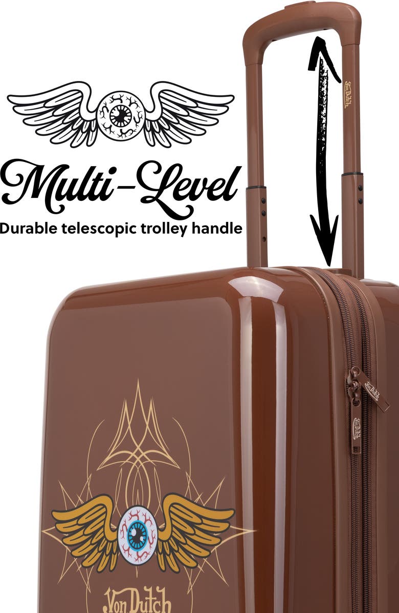 Von Dutch Eyeflight Expandable Hardside Spinner Carry-on Suitcase, Alternate, color, Brown