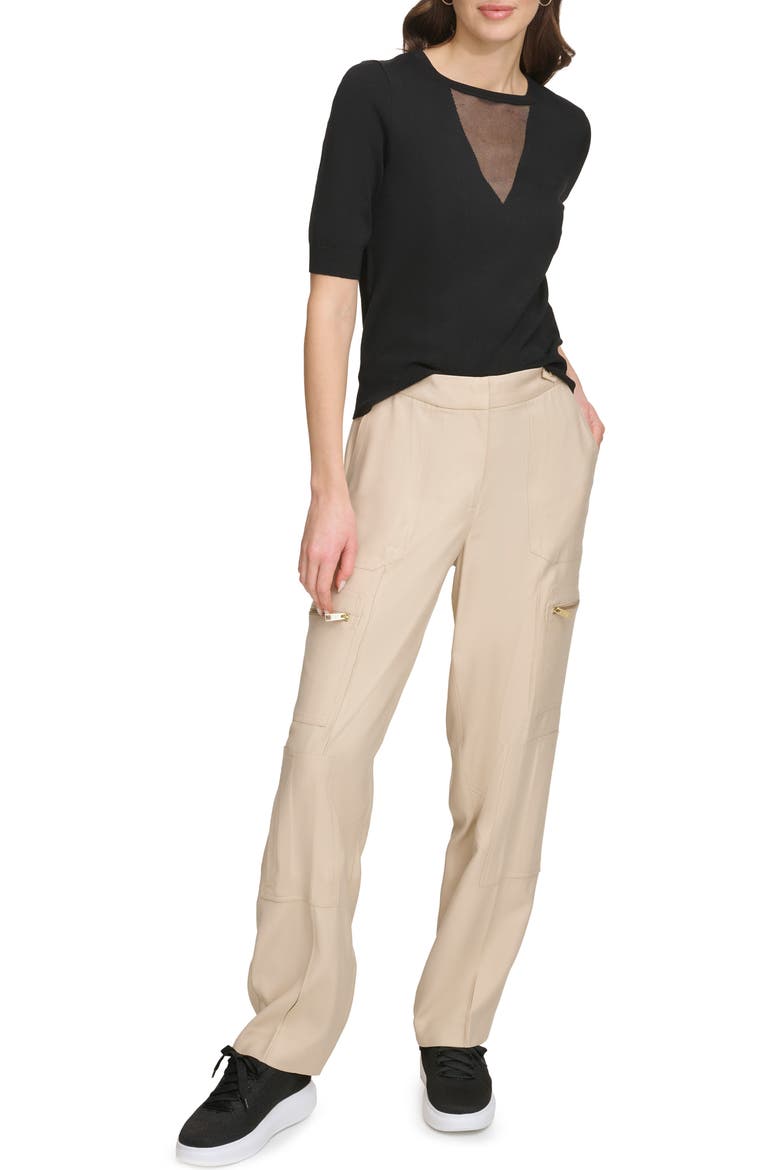 Sheer Mesh Illusion V-Neck Sweater, Alternate, color, BLACK