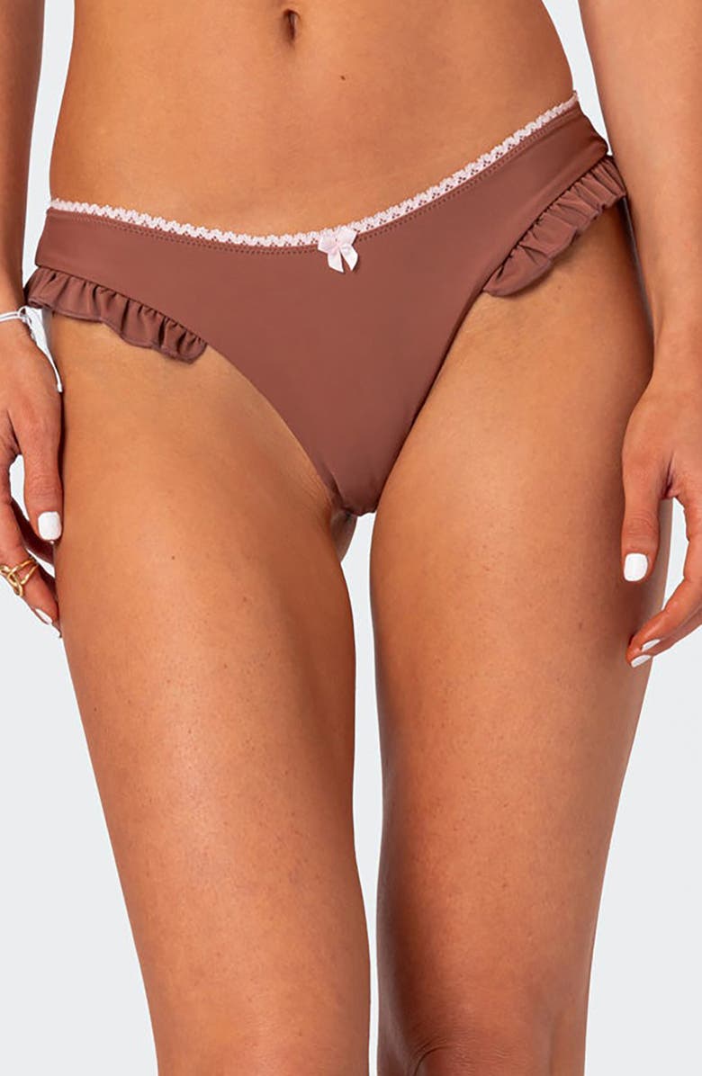 EDIKTED Maggie Ruffle Bikini Bottoms, Main, color, Brown