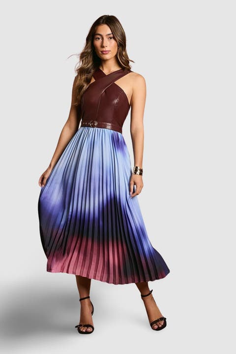 PU Cross Neck Belted Midi Dress
