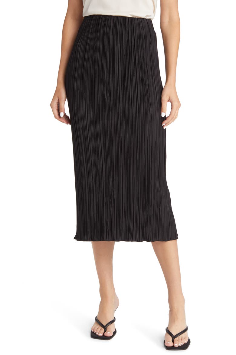 Stella Plissé Midi Skirt, Main, color, BLACK