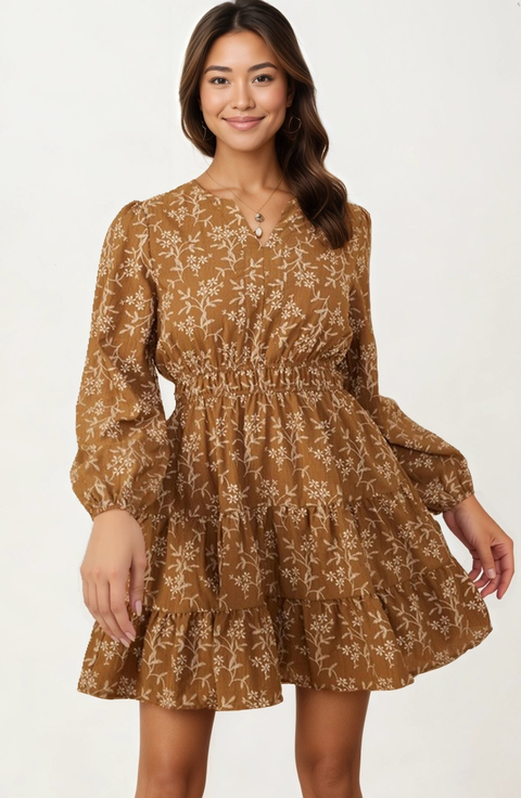 Long Sleeve Smocked Tiered Mini Dress