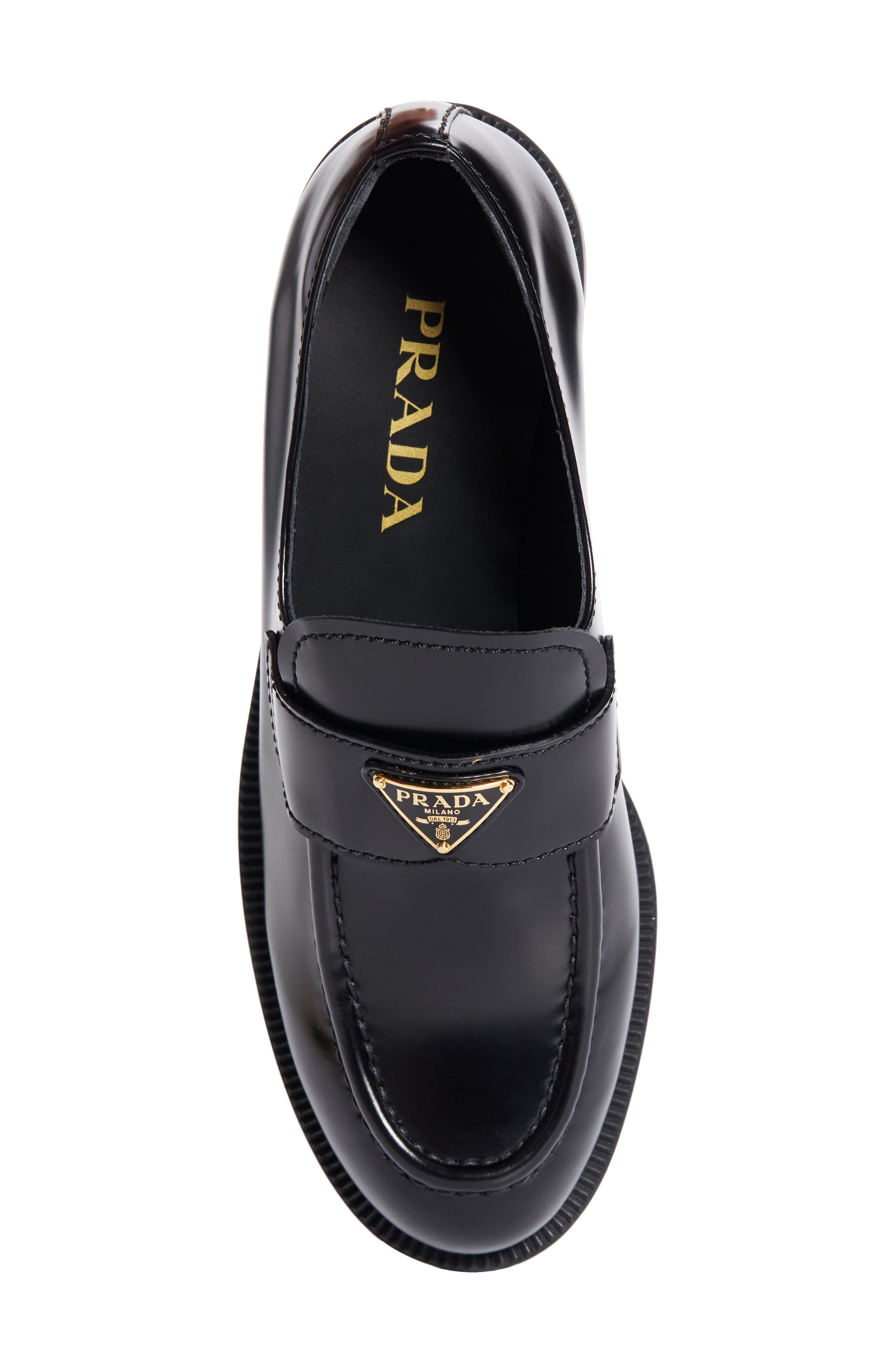 Prada Triangle Logo Patent Leather Loafer, Alternate, color, Nero