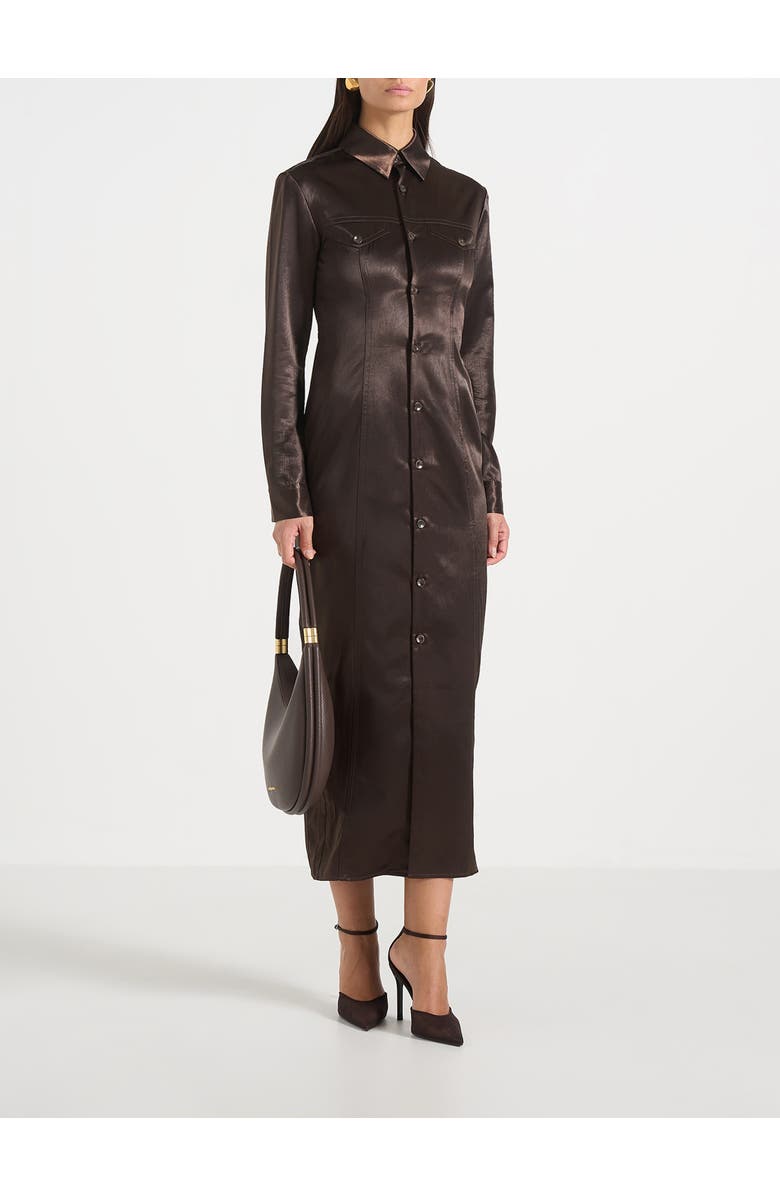 Manière De Voir Etta Crinkled Satin Midaxi Shirt Dress, Alternate, color, Dark Brown